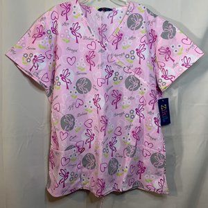 NWT Women's Zikit  Size L -  Short Sleeve Pink Love Fight Believe Scrub Top